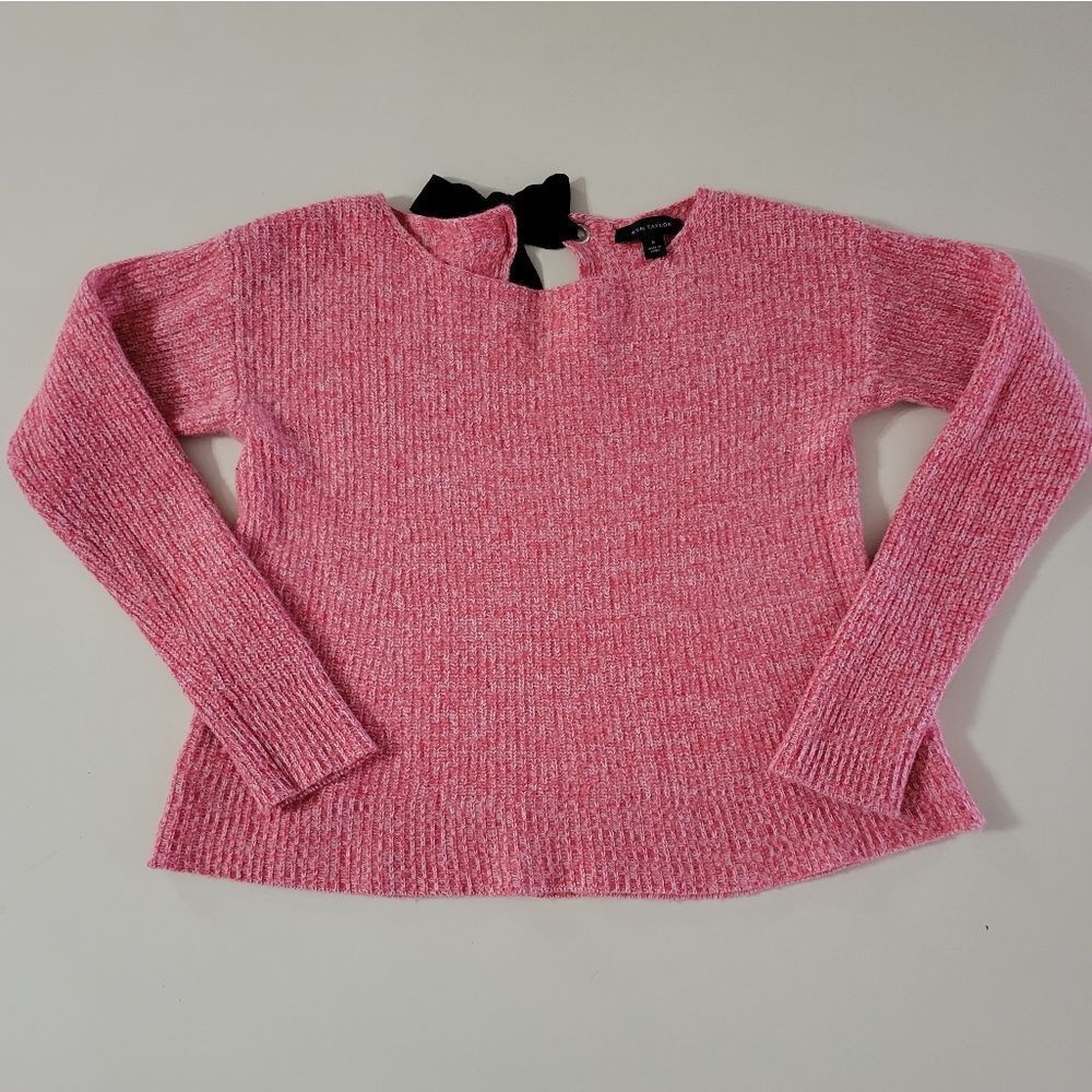 Ann Taylor Red Marled Key-hole Back Black Bow Long Sleeve Sweater - Picture 2 of 12